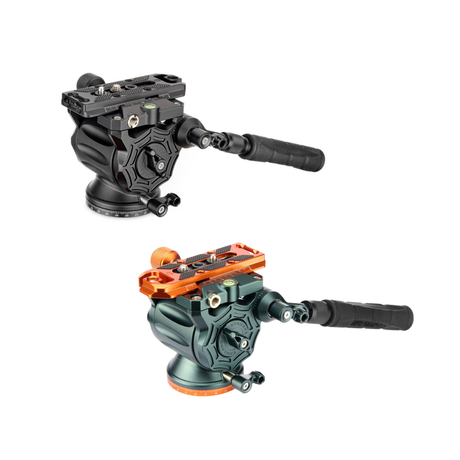 Two camera tripod video heads on a white background