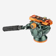 Camera head with green and orange design on a white background