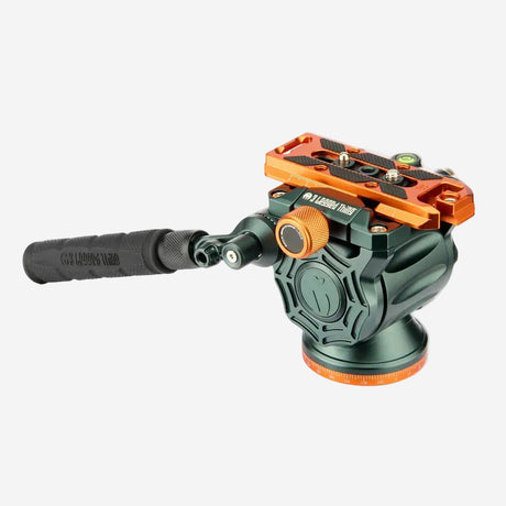 Camera head with green and orange design on a white background