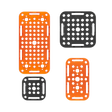 Four plastic mesh racks in orange and black on a white background