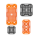 Four plastic mesh racks in orange and black on a white background