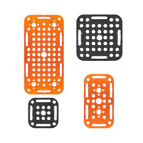 Four plastic mesh racks in orange and black on a white background
